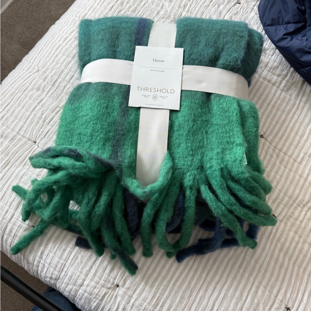 Threshold Green Throw Blanket with Navy and Teal Stripe